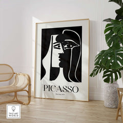 Picasso The Kiss 1979 Black White Abstract Profile Poster Art Print Wall Decor displayed in a modern interior setting.