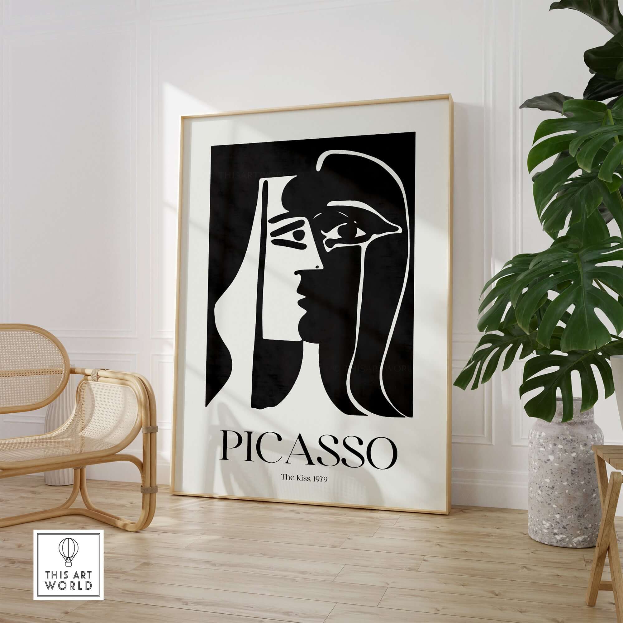 Picasso The Kiss 1979 Black White Abstract Profile Poster Art Print Wall Decor displayed in a modern interior setting.