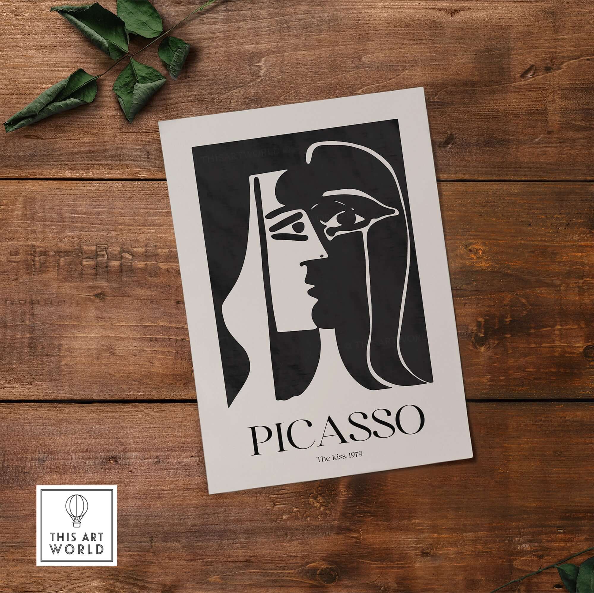 Picasso The Kiss 1979 Black White Abstract Profile Poster Art Print Wall Decor showcased on wooden background.
