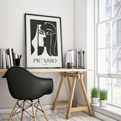 Picasso The Kiss 1979 Black White Abstract Profile Poster Art Print Wall Decor framed in modern office interior.
