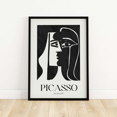 Picasso The Kiss 1979 Black White Abstract Profile Poster Art Print Wall Decor framed on wall with minimalist design.