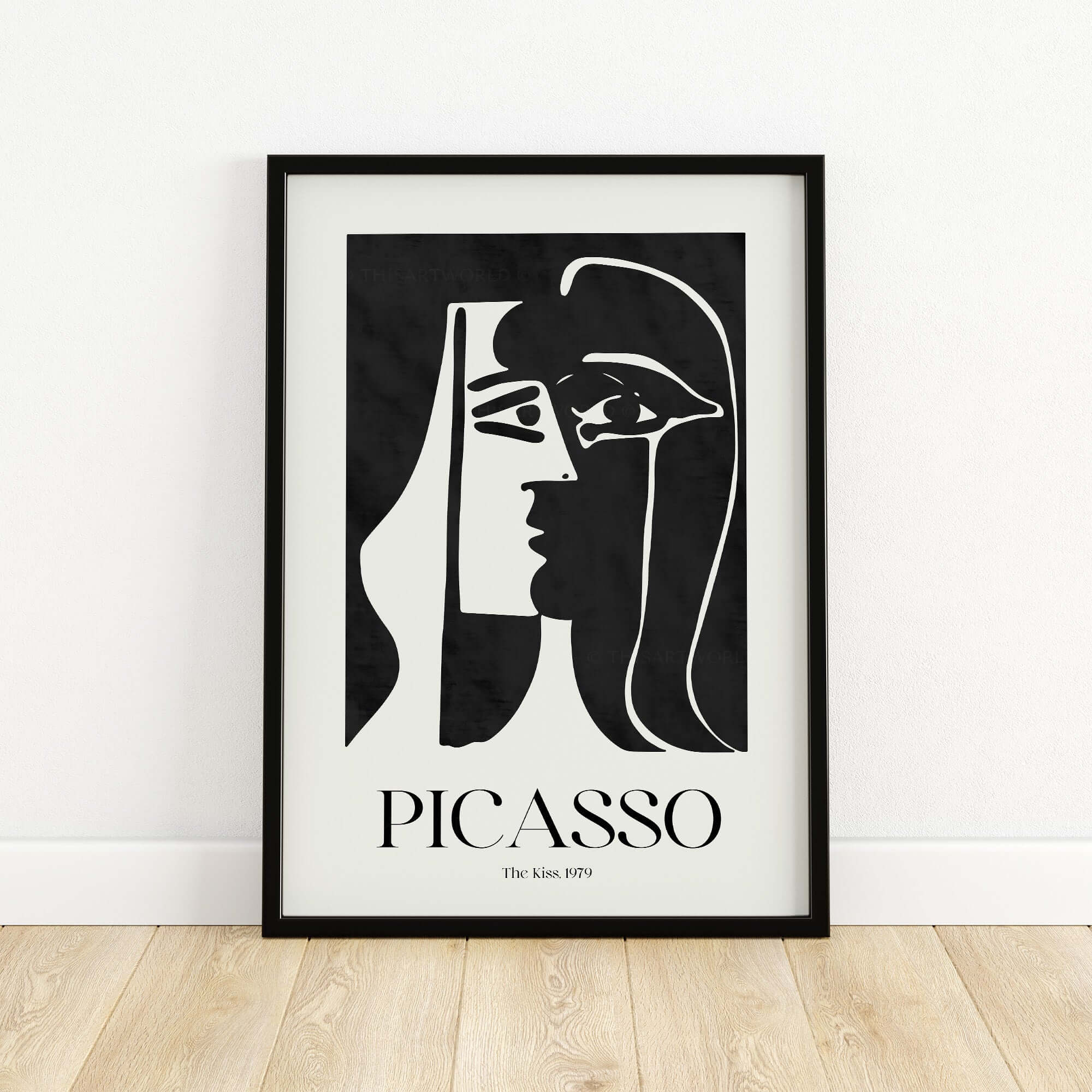 Picasso The Kiss 1979 Black White Abstract Profile Poster Art Print Wall Decor framed on wall with minimalist design.