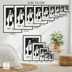 Size guide for various frames of Picasso The Kiss 1979 Black White Abstract Profile Poster Art Print Wall Decor.