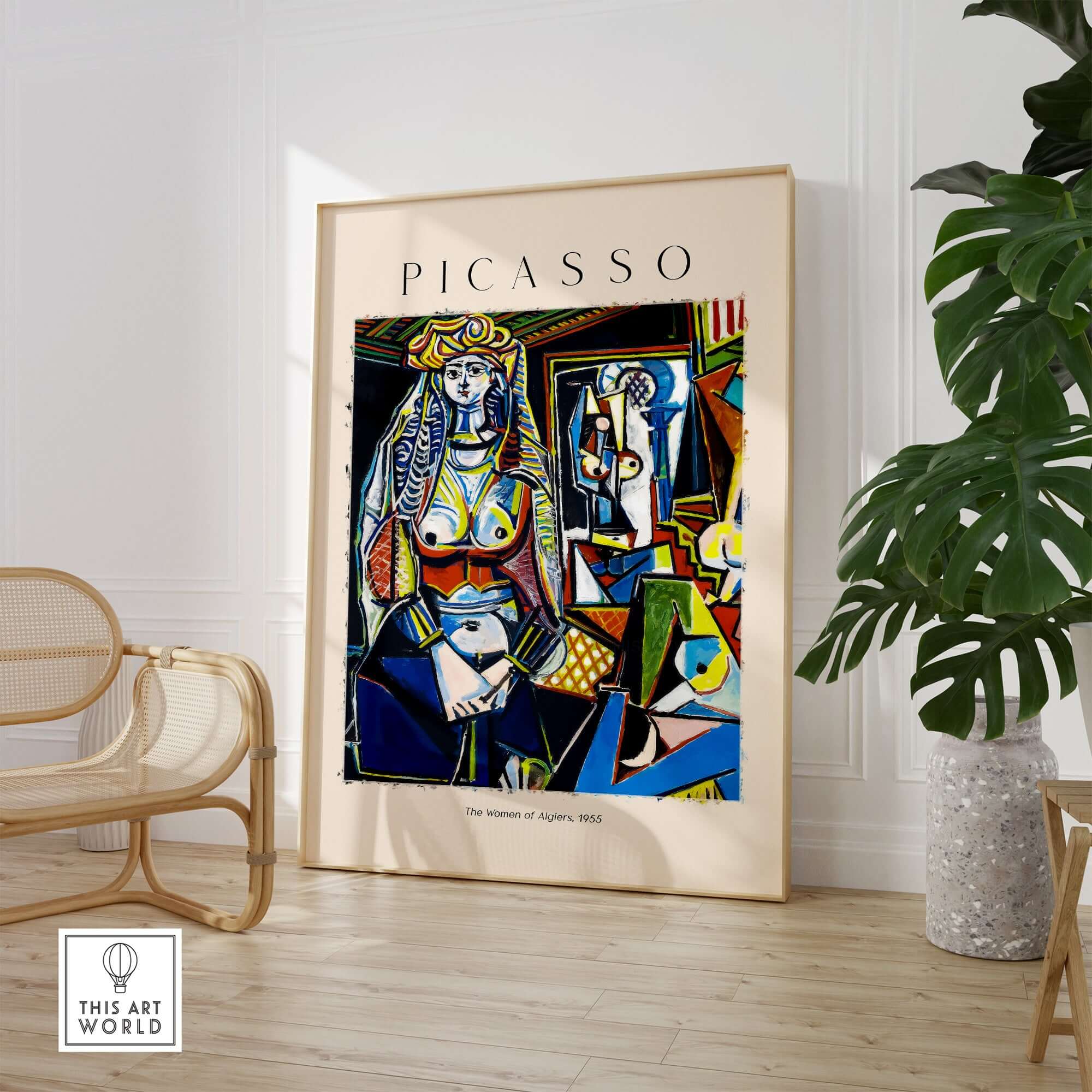 Picasso The Women of Algiers 1955 Art Print Famous Cubist Painting Poster Wall Art displayed in modern interior