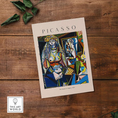 Picasso The Women of Algiers 1955 Art Print Famous Cubist Painting Poster Wall Art displayed on wooden background.