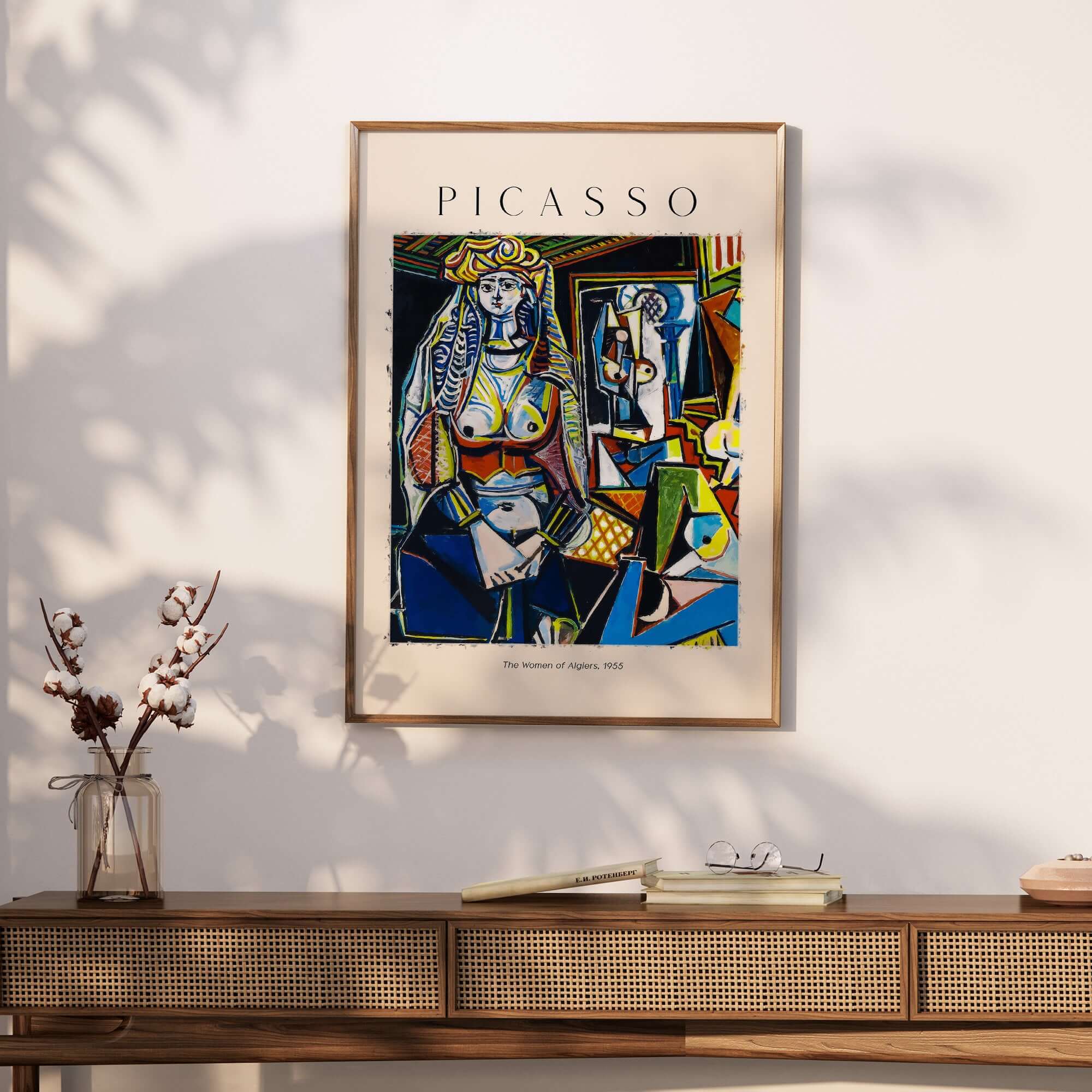 Picasso The Women of Algiers 1955 Art Print Famous Cubist Painting Poster Wall Art displayed in a modern interior.