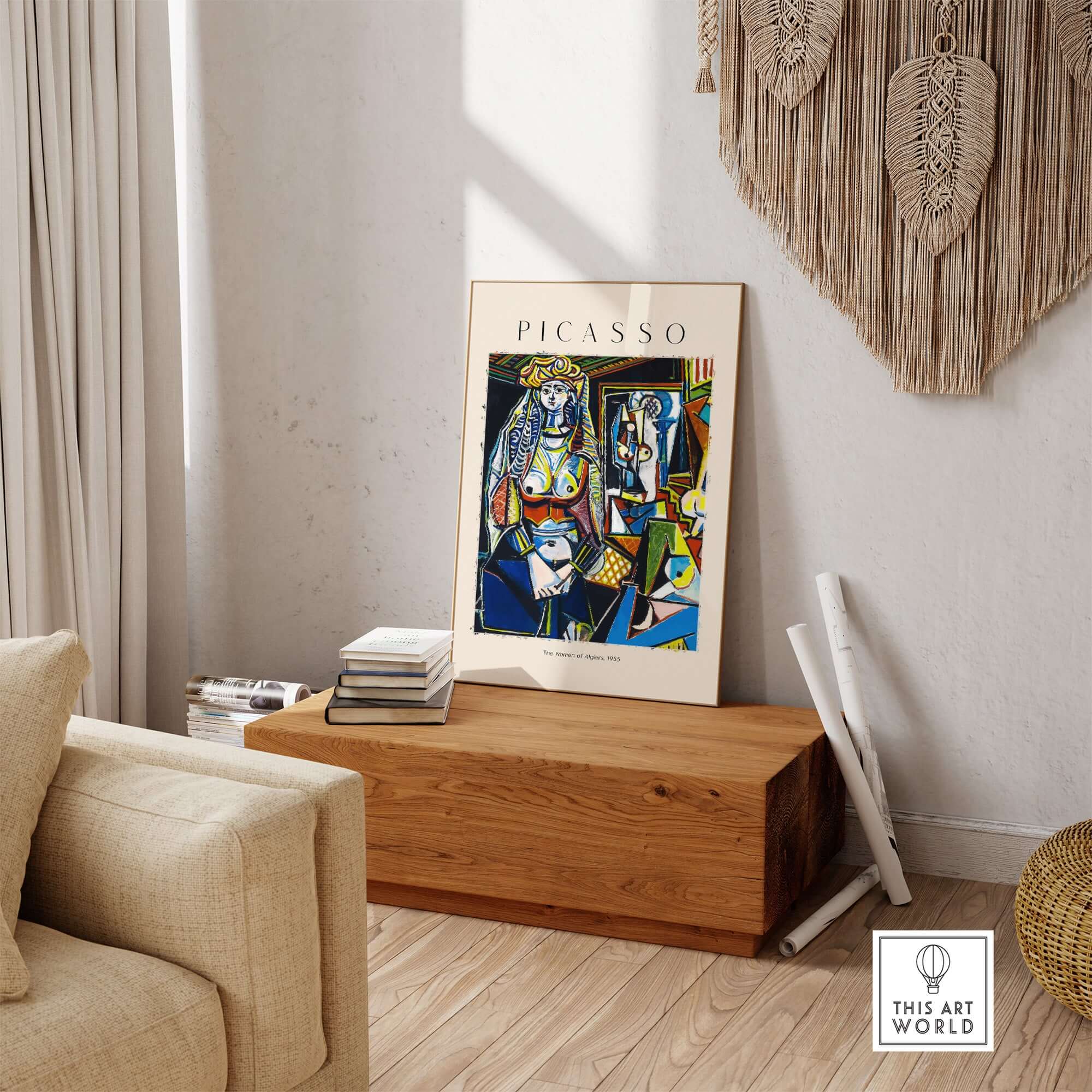 Picasso The Women of Algiers 1955 Art Print Famous Cubist Painting Poster Wall Art displayed in modern living room.