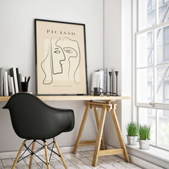 Picasso Two Faces Abstract Profiles Line Art Modern Gallery Poster Wall Art Print in a stylish workspace setting.