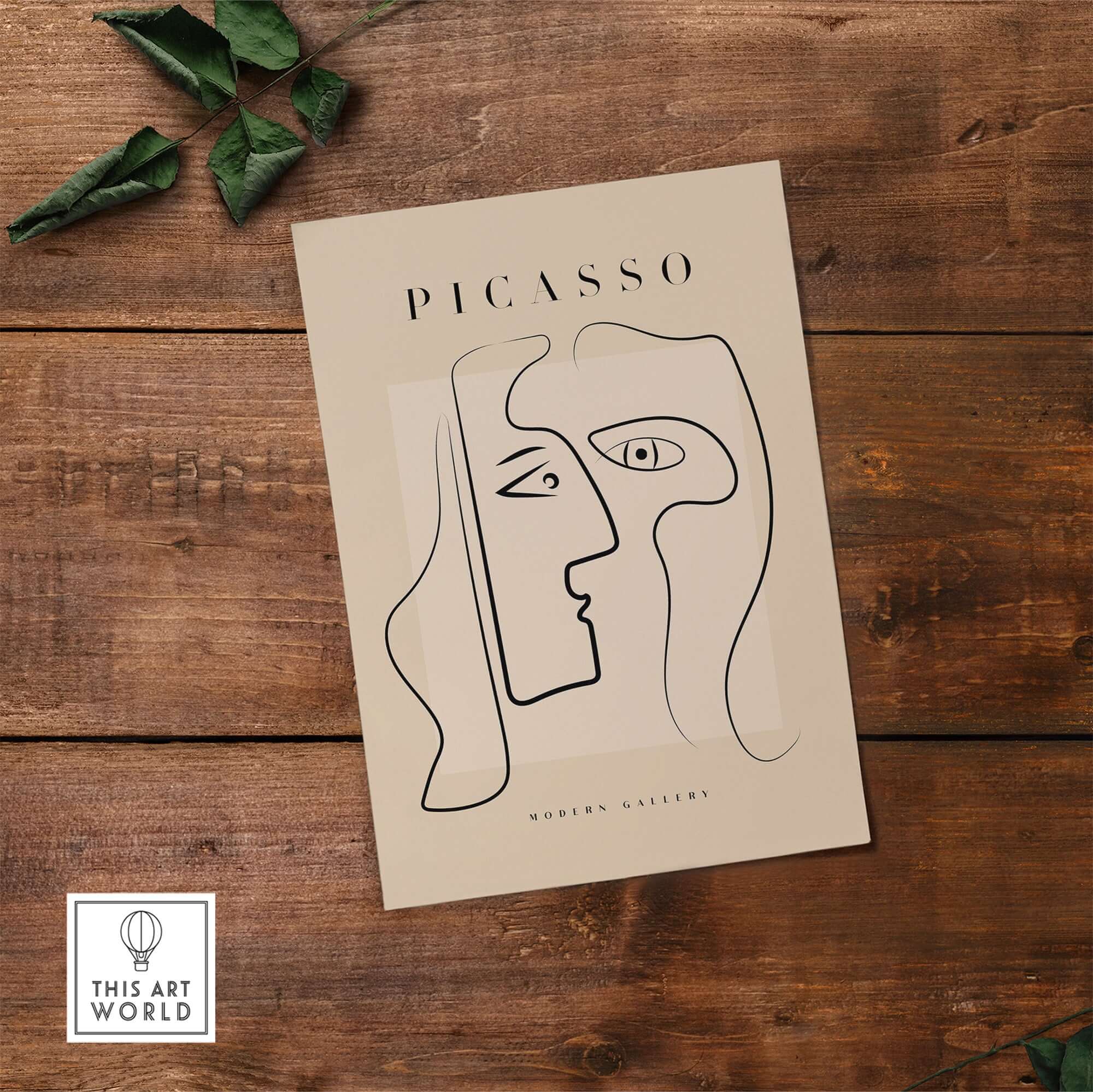 Picasso Two Faces Abstract Profiles Line Art Modern Gallery Poster Wall Art Print on wood background with green leaves.