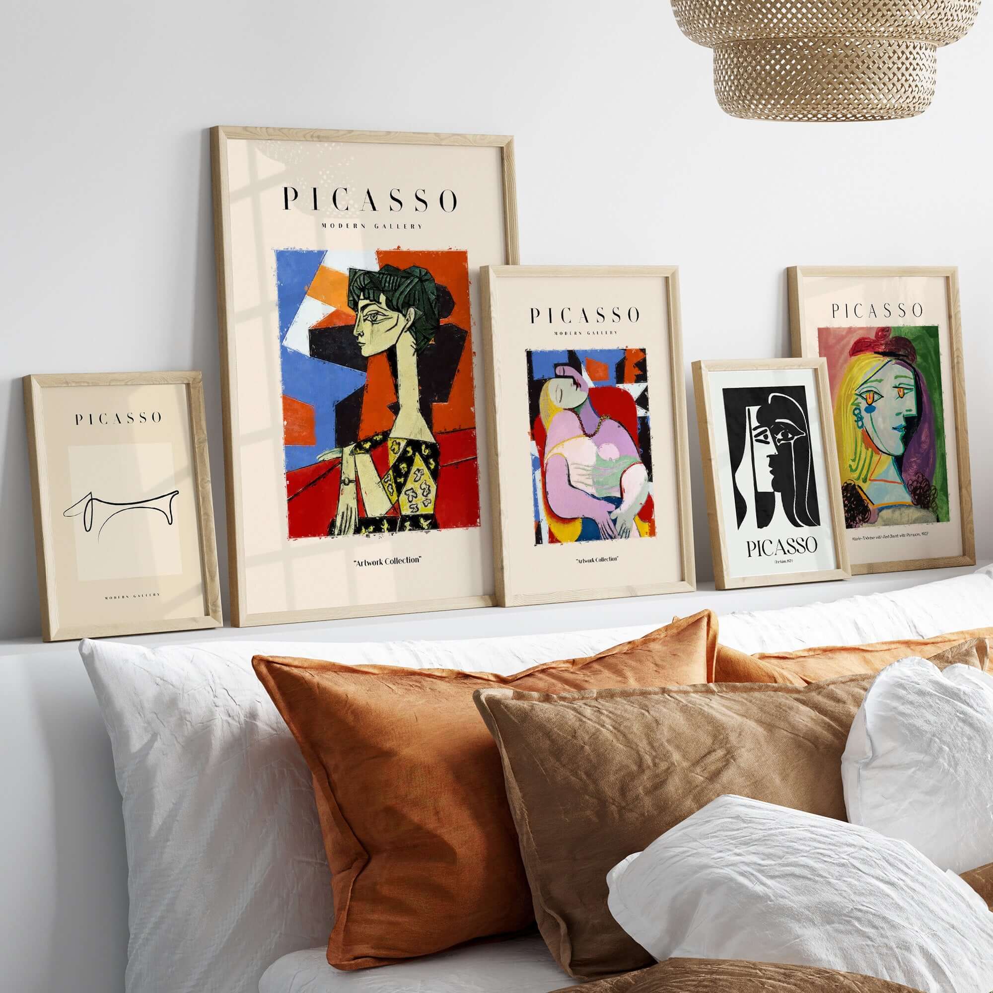 Picasso Seated Woman Profile Cubist Art Print Patterned Dress Poster Artwork Collection displayed on a stylish wall.