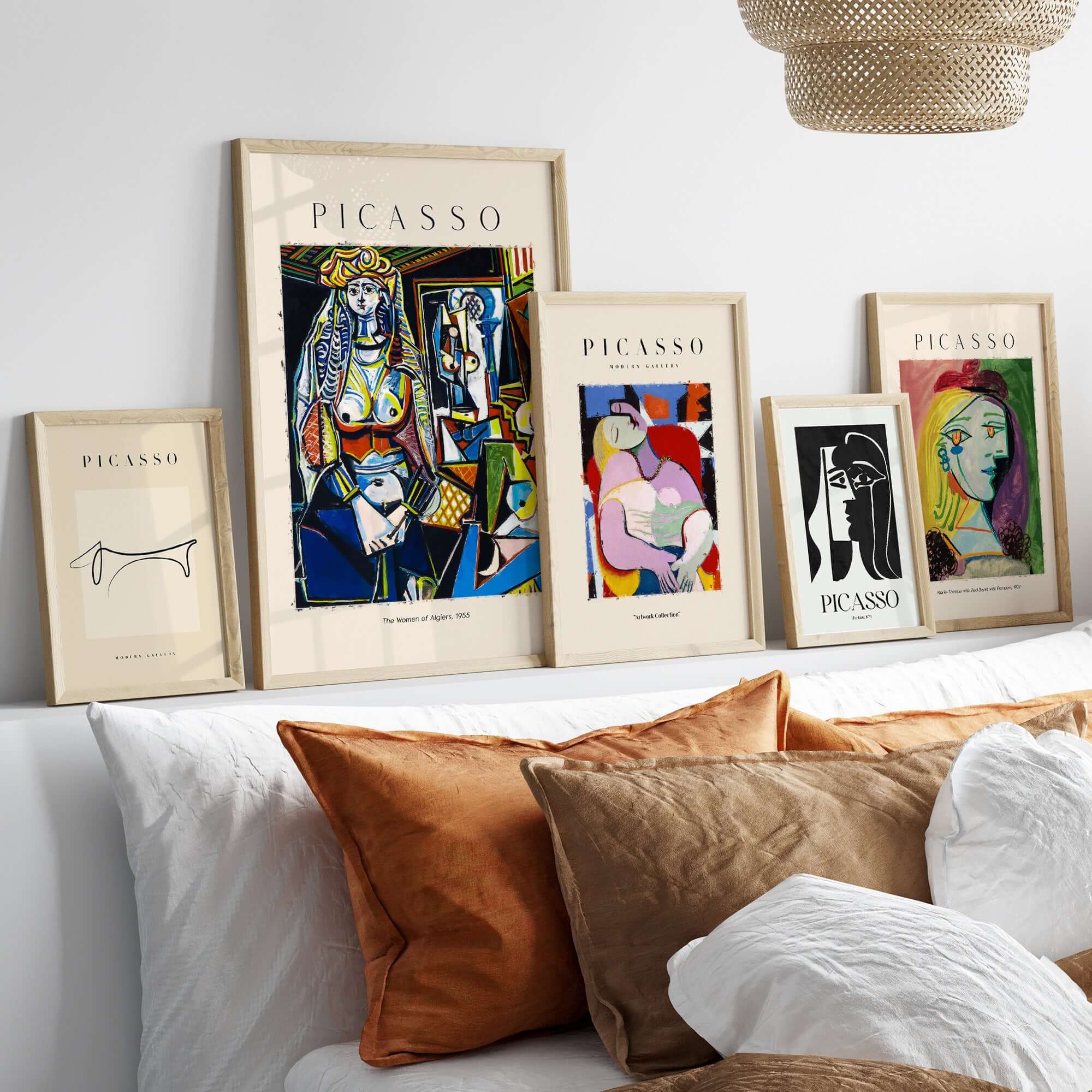 Picasso The Women of Algiers 1955 Art Print Famous Cubist Painting Poster Wall Art displayed in a modern interior setting.