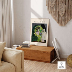 Picasso Weeping Woman 1937 Art Print Famous Cubist Portrait Poster Emotional Wall Art displayed in a modern living room.
