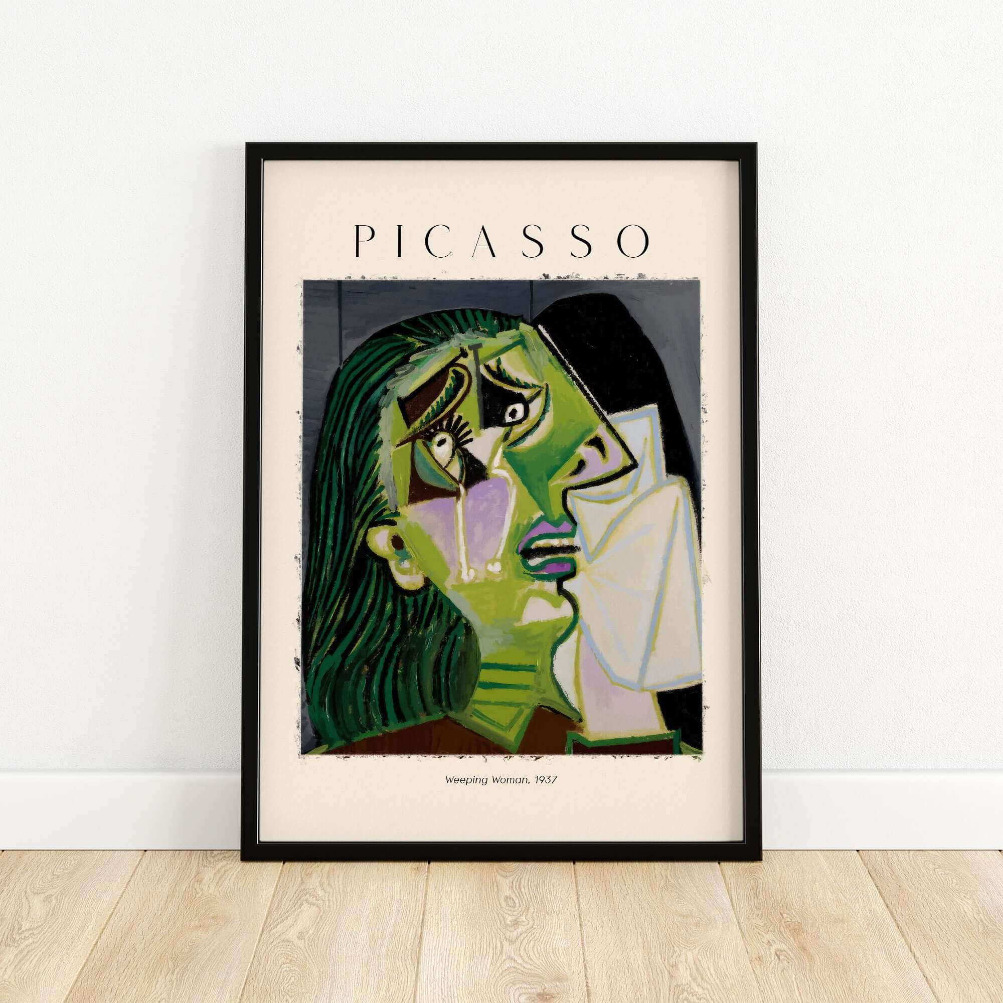 Picasso Weeping Woman 1937 Art Print Famous Cubist Portrait Poster Emotional Wall Art displayed on a wall.