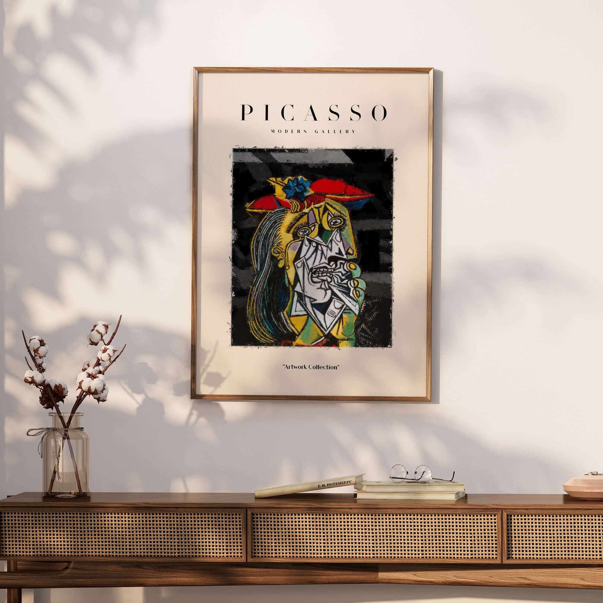 Picasso Weeping Woman Inspired Art Print Abstract Portrait Poster Artwork Collection displayed in a modern setting.