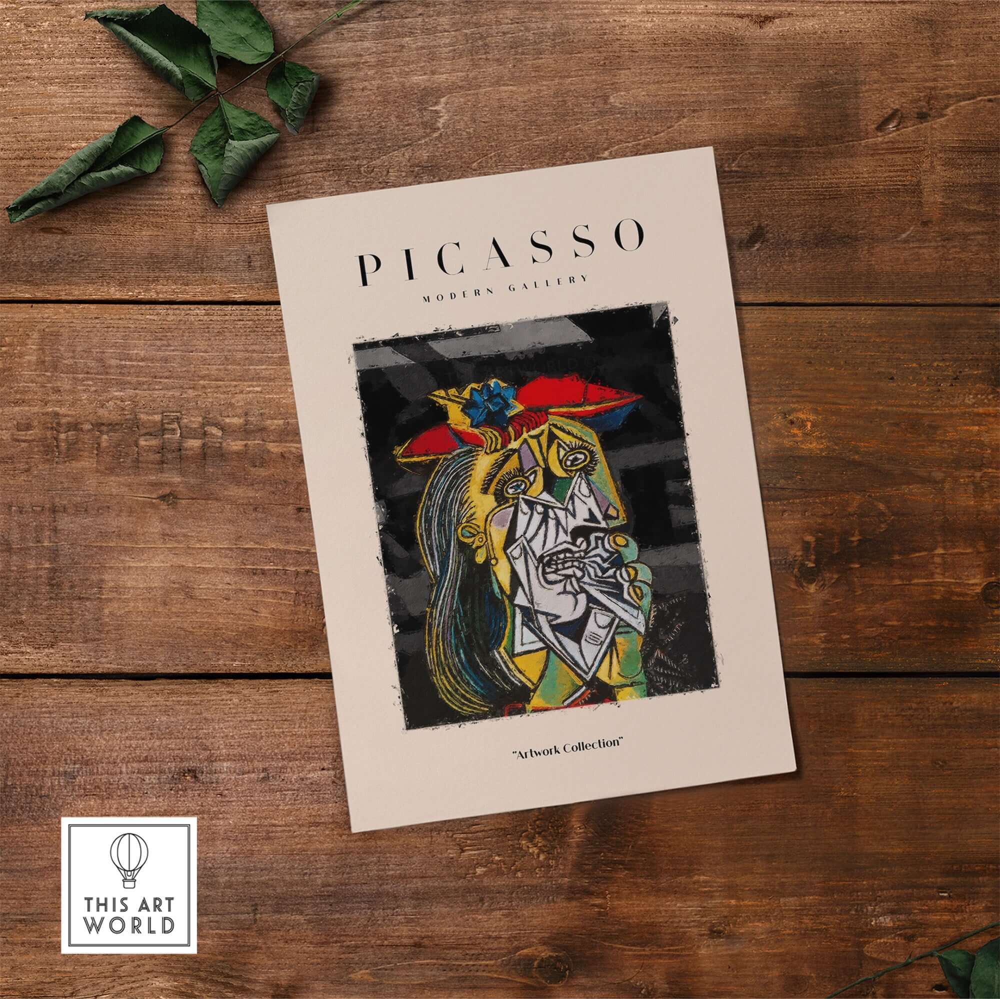 Picasso Weeping Woman Inspired Art Print Abstract Portrait Poster Artwork Collection displayed on rustic wooden background.