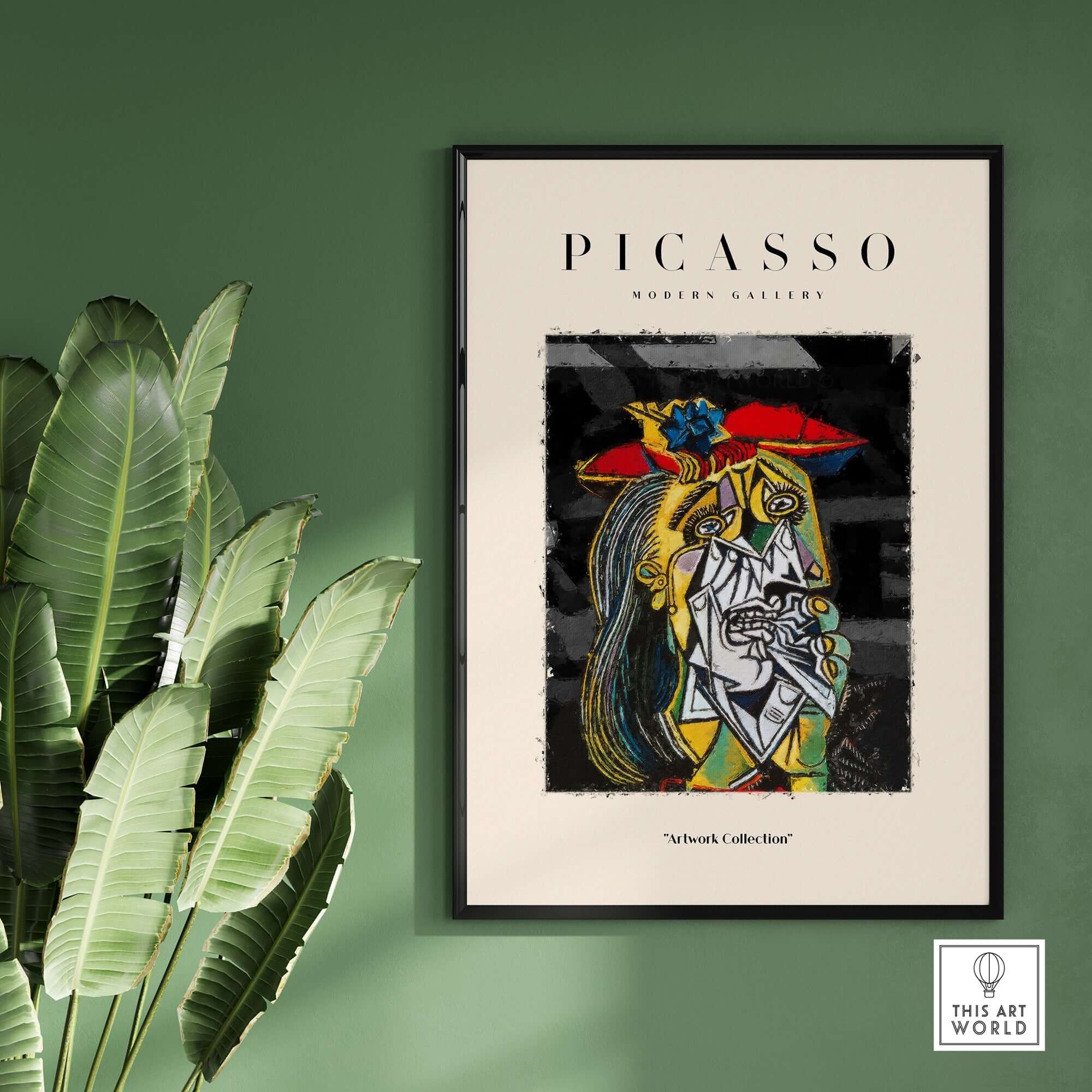 Picasso Weeping Woman Inspired Art Print Abstract Portrait Poster Artwork Collection displayed on a green wall.