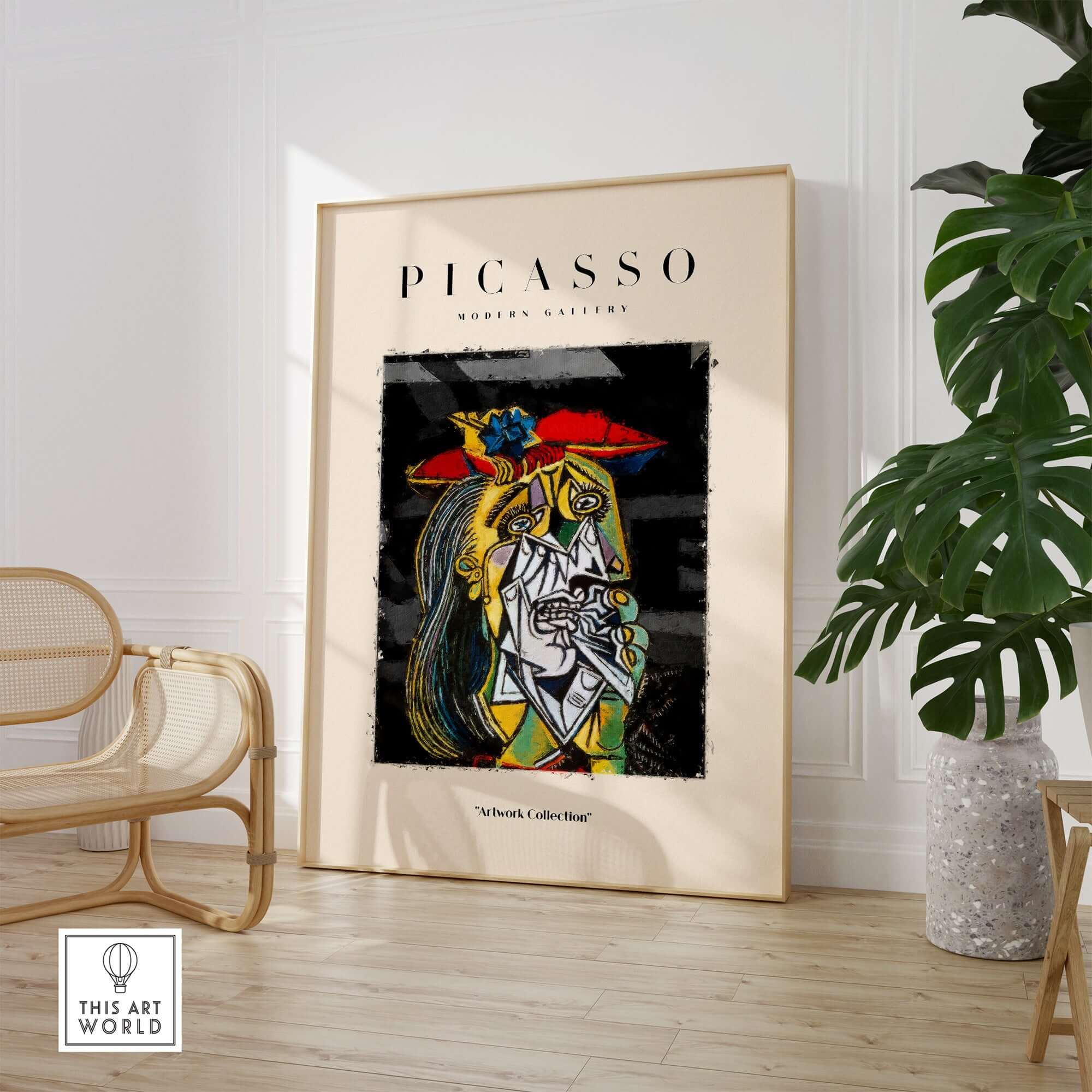 Picasso Weeping Woman Inspired Art Print Abstract Portrait Poster Artwork Collection in a modern interior setting.