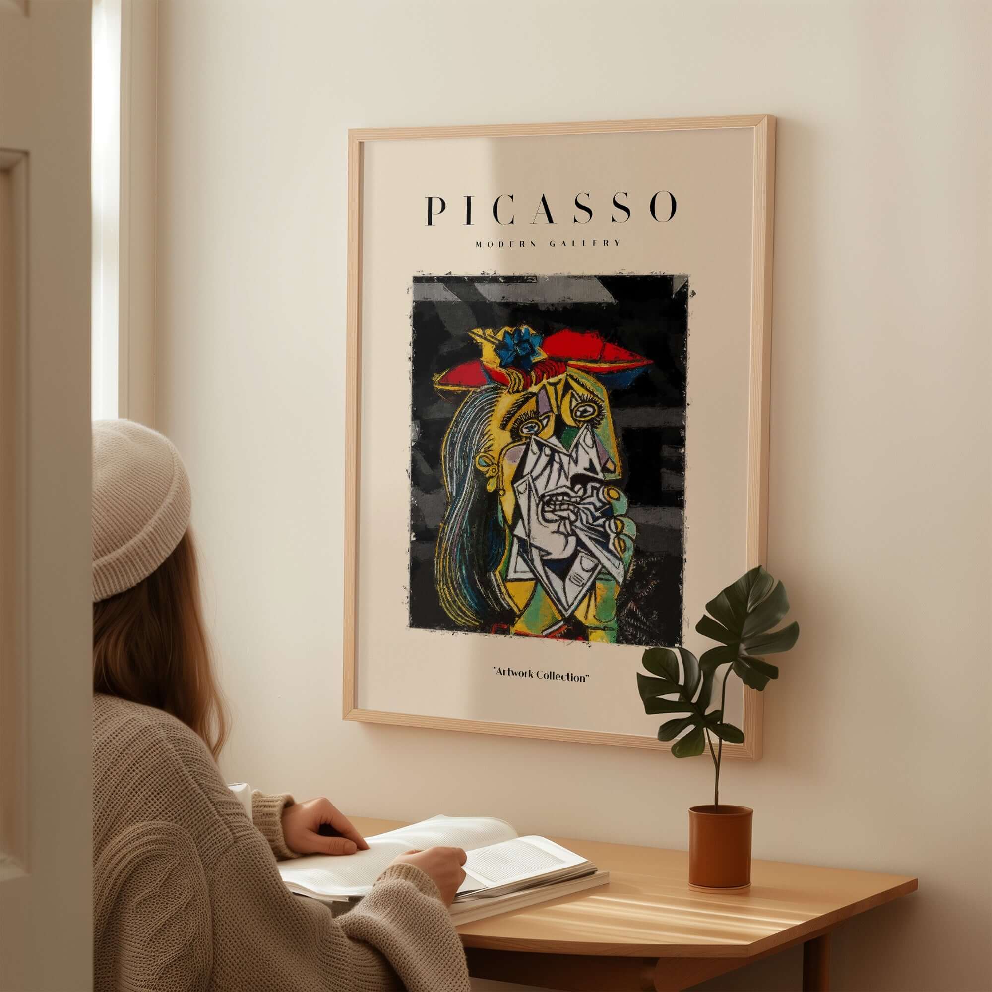 Picasso Weeping Woman Inspired Art Print Abstract Portrait Poster Artwork Collection displayed in a modern room setting.