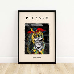 Picasso Weeping Woman Inspired Art Print Abstract Portrait Poster Artwork Collection framed on a wall, showcasing vibrant colors.