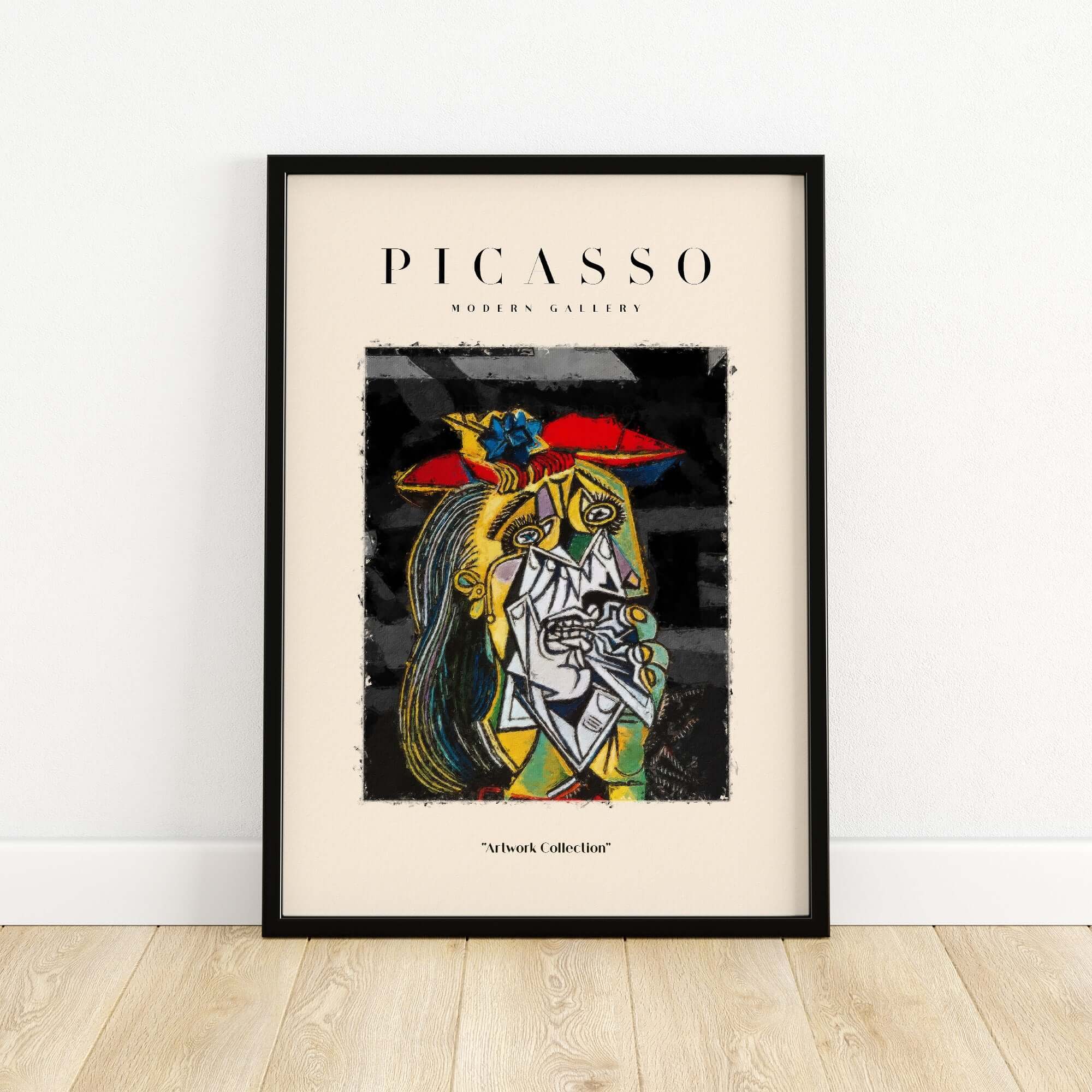 Picasso Weeping Woman Inspired Art Print Abstract Portrait Poster Artwork Collection framed on a wall, showcasing vibrant colors.