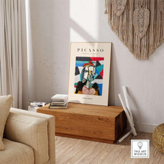 Picasso Woman Beret Abstract Portrait Art Print Colorful Cubist Poster Artwork Collection displayed in a stylish interior.