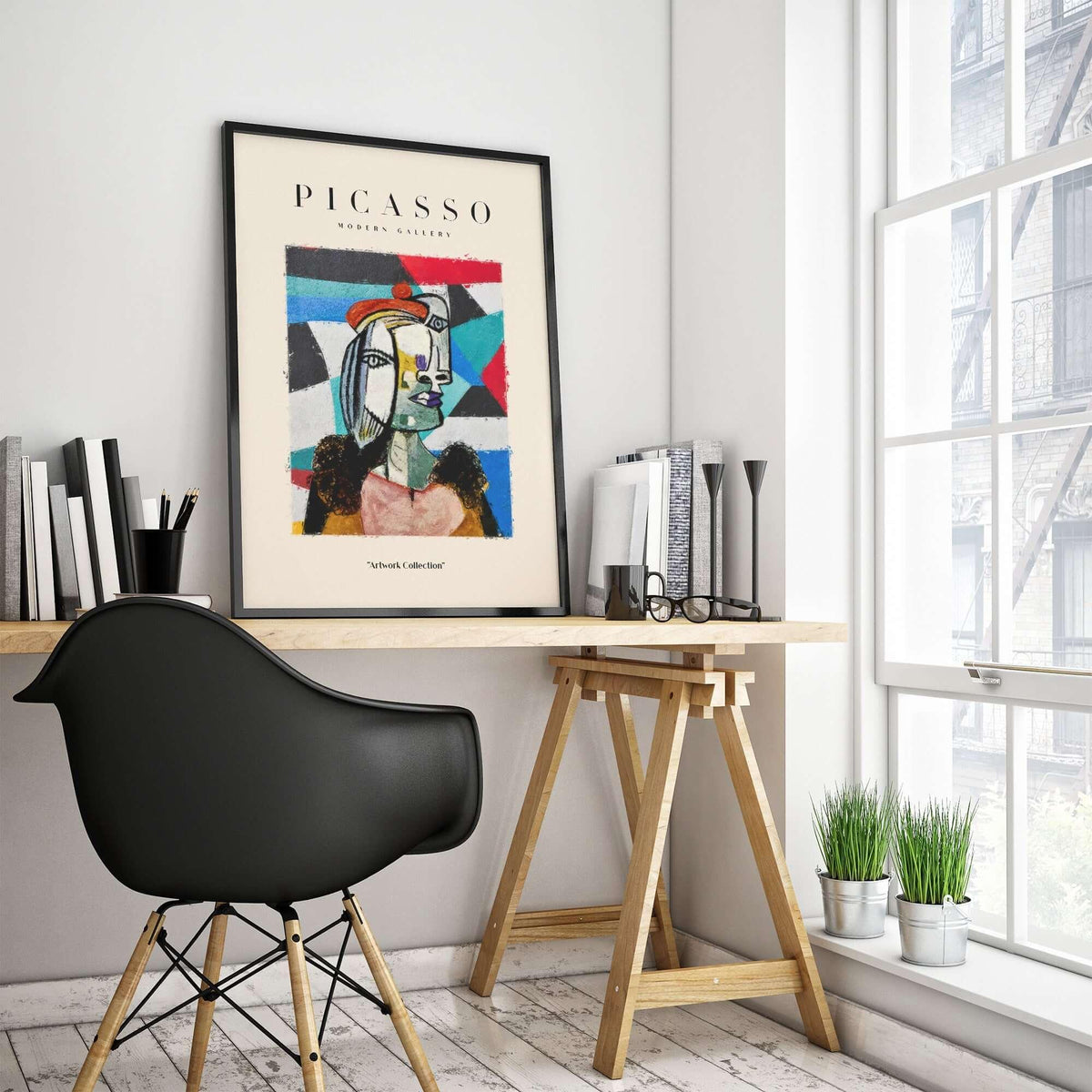 Picasso Woman Beret Abstract Portrait Art Print Colorful Cubist Poster Artwork Collection displayed in modern workspace