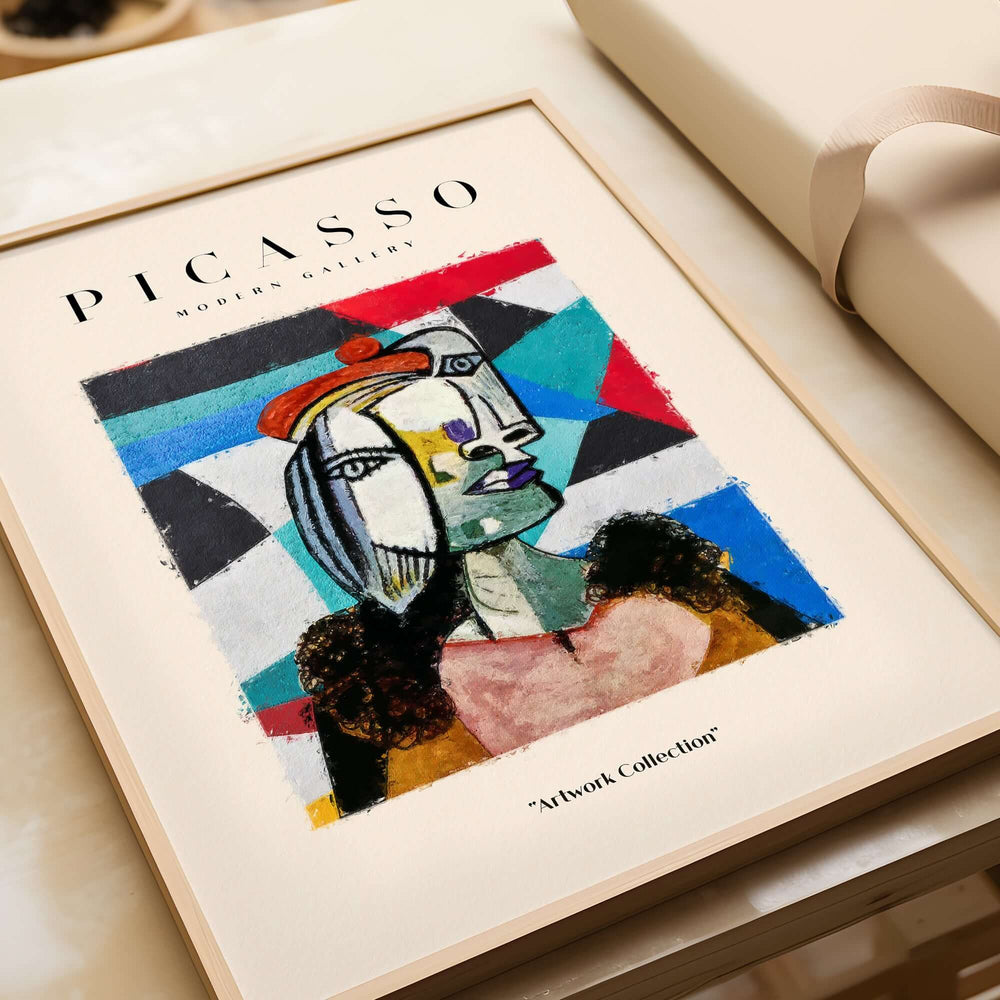 Picasso Woman Beret Abstract Portrait Art Print Colorful Cubist Poster Artwork Collection framed print on display.