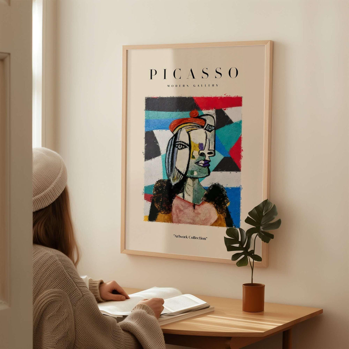 Picasso Woman Beret Abstract Portrait Art Print Colorful Cubist Poster Artwork Collection displayed in a stylish interior.