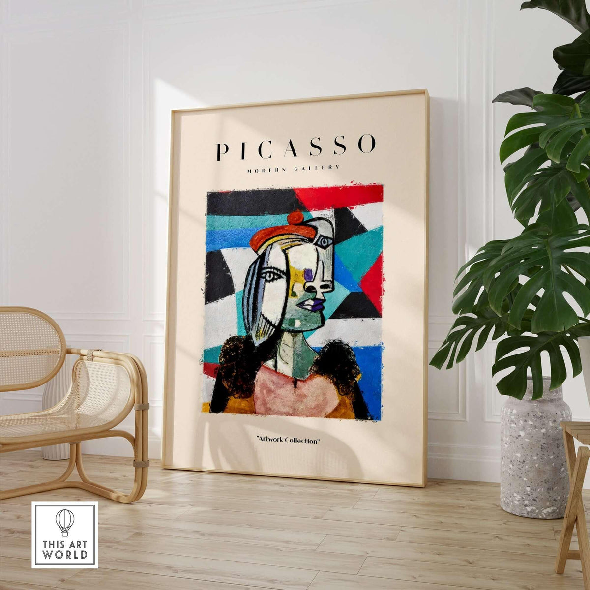 Picasso Woman Beret Abstract Portrait Art Print Colorful Cubist Poster Artwork Collection displayed in modern interior.