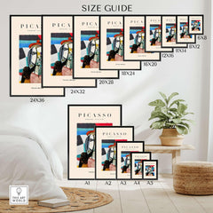 Size guide for Picasso Woman Beret Abstract Portrait Art Print Colorful Cubist Poster Artwork Collection in various dimensions.
