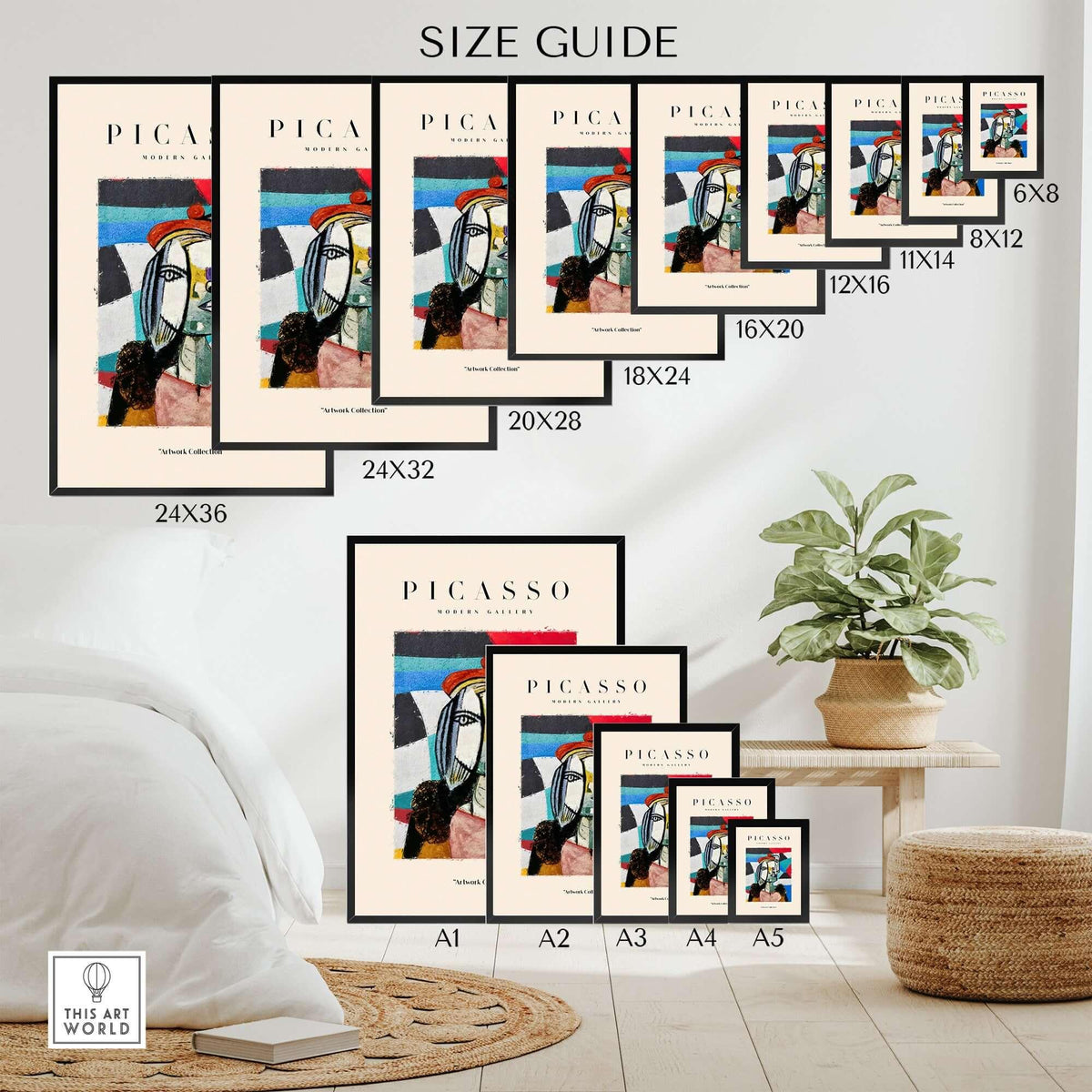 Size guide for Picasso Woman Beret Abstract Portrait Art Print Colorful Cubist Poster Artwork Collection in various dimensions.