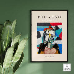 Picasso Woman Beret Abstract Portrait Art Print Colorful Cubist Poster Artwork Collection in a modern framed display.