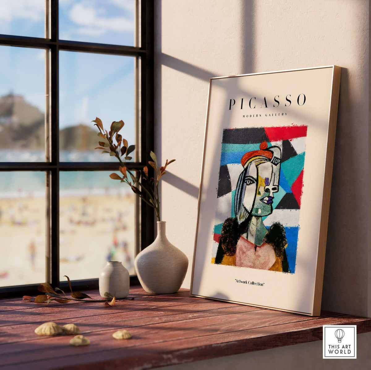 Picasso Woman Beret Abstract Portrait Art Print Colorful Cubist Poster Artwork Collection displayed by a window
