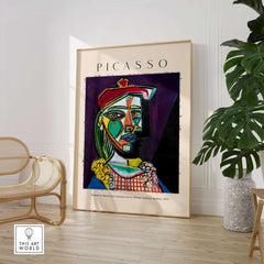 Picasso Woman Beret Checked Dress Marie Thérèse 1937 Art Print Cubist Portrait Poster in a modern interior setting.