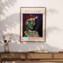Picasso Woman Beret Checked Dress Marie Thérèse 1937 Art Print Cubist Portrait Poster displayed in a stylish interior.