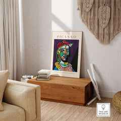 Picasso Woman Beret Checked Dress Marie Thérèse 1937 Art Print Cubist Portrait Poster displayed in modern interior.