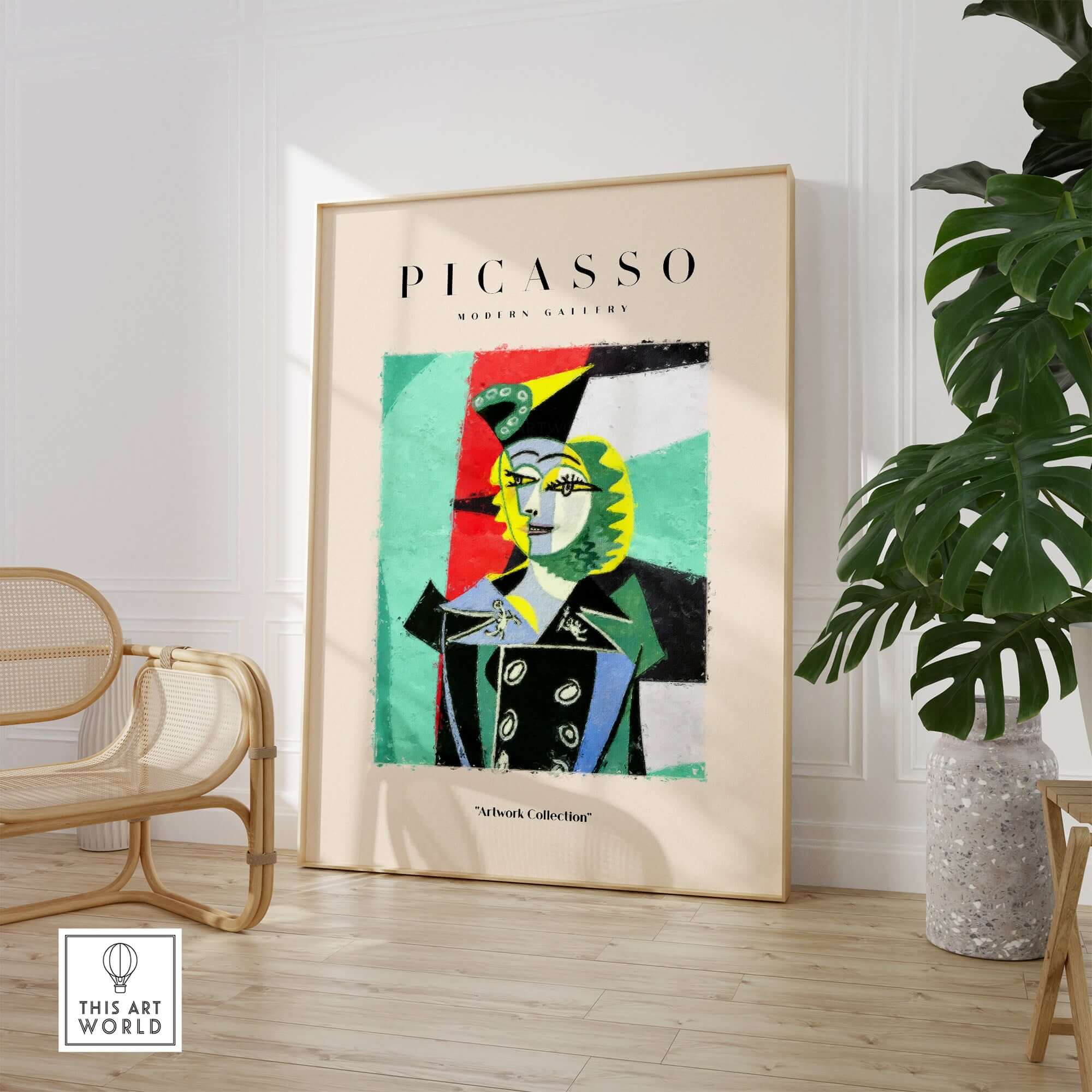 Picasso Woman Black Jacket Abstract Portrait Poster Cubist Style Artwork Print Collection displayed in modern gallery setting.