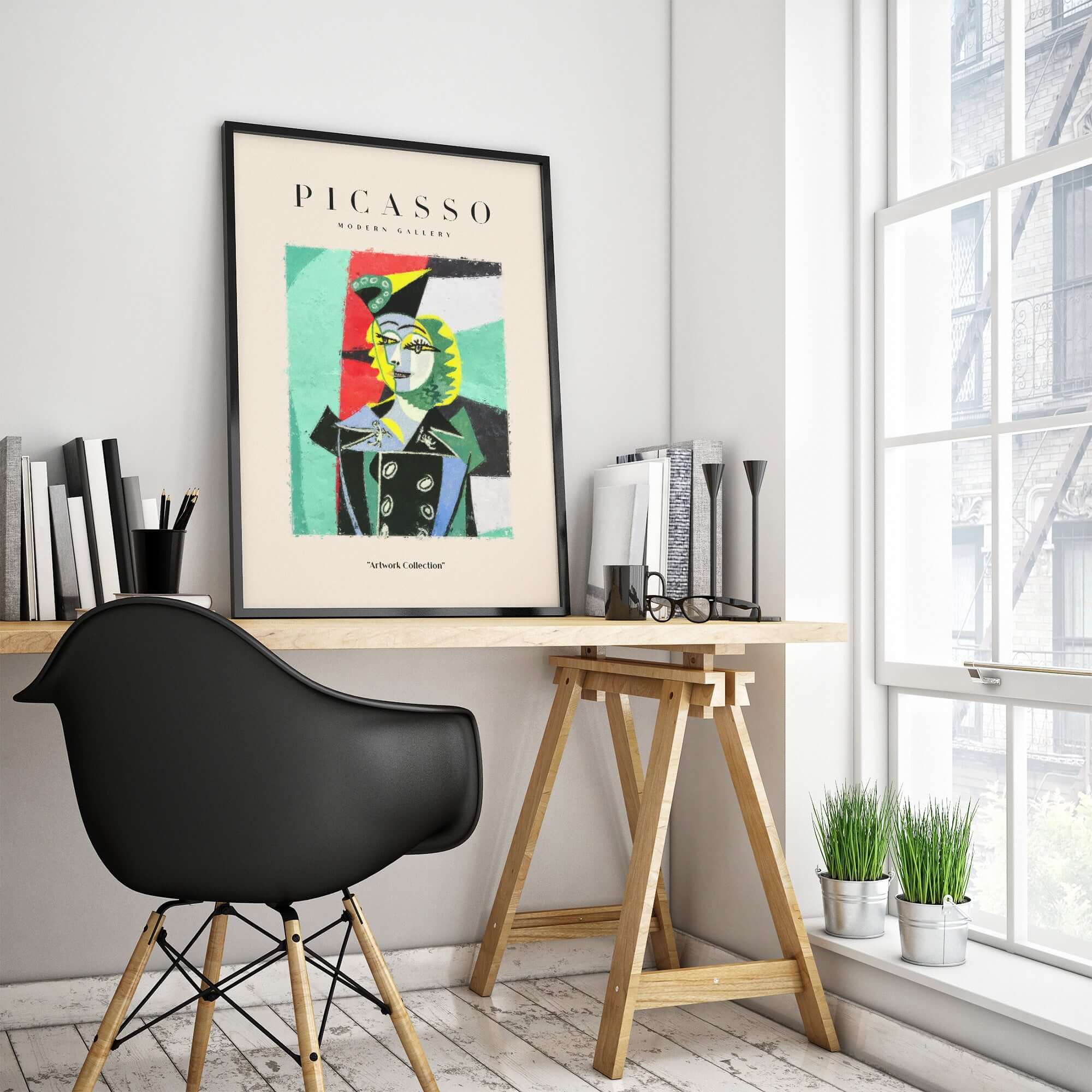 Picasso Woman Black Jacket Abstract Portrait Poster Cubist Style Artwork Print Collection displayed in a modern workspace.
