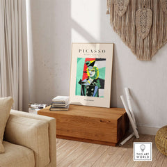 Picasso Woman Black Jacket Abstract Portrait Poster Cubist Style Artwork Print Collection displayed in a modern living room setting.