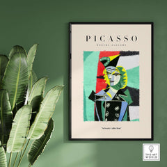 Picasso Woman Black Jacket Abstract Portrait Poster Cubist Style Artwork Print Collection displayed on wall with plants.
