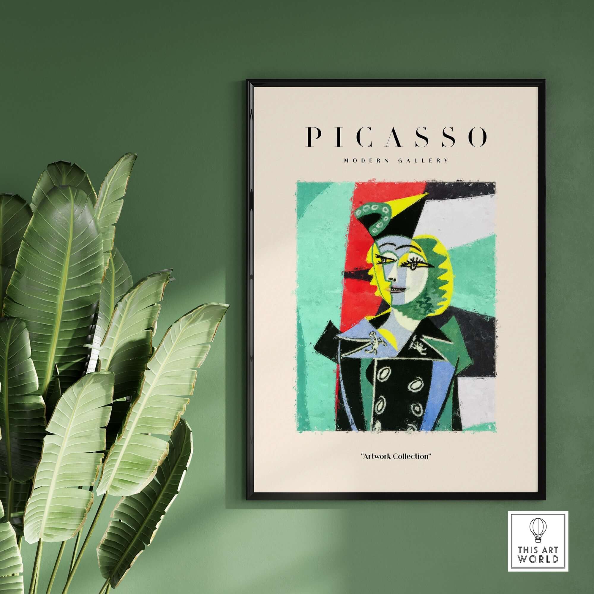 Picasso Woman Black Jacket Abstract Portrait Poster Cubist Style Artwork Print Collection displayed on wall with plants.