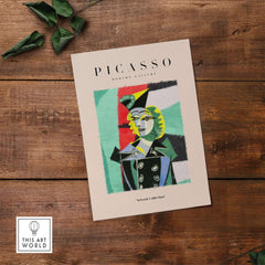 Picasso Woman Black Jacket Abstract Portrait Poster Cubist Style Artwork Print Collection featuring a colorful abstract portrait.