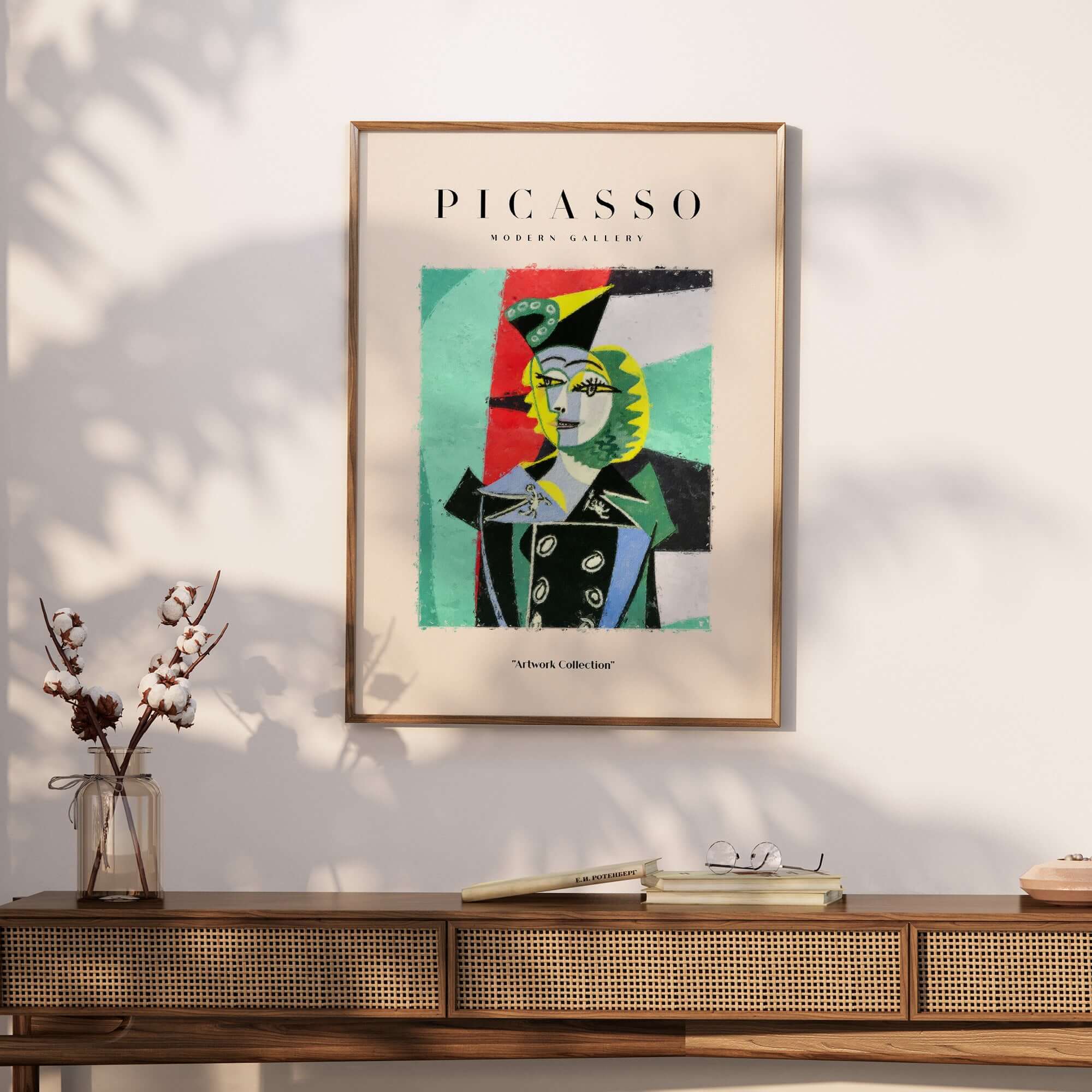 Picasso Woman Black Jacket Abstract Portrait Poster Cubist Style Artwork Print Collection displayed in a modern home interior.