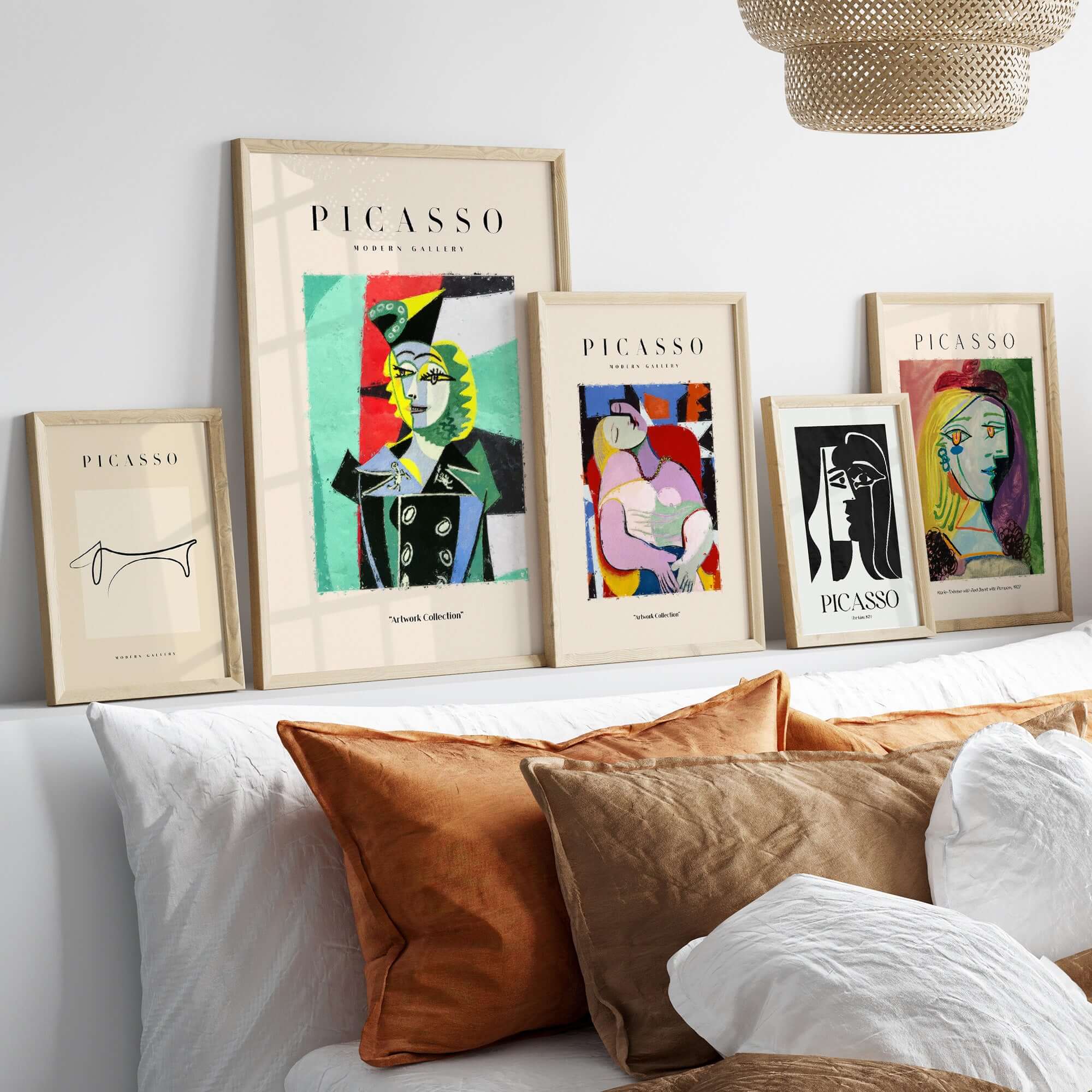 Picasso Woman Black Jacket Abstract Portrait Poster Cubist Style Artwork Print Collection displayed on a stylish wall.