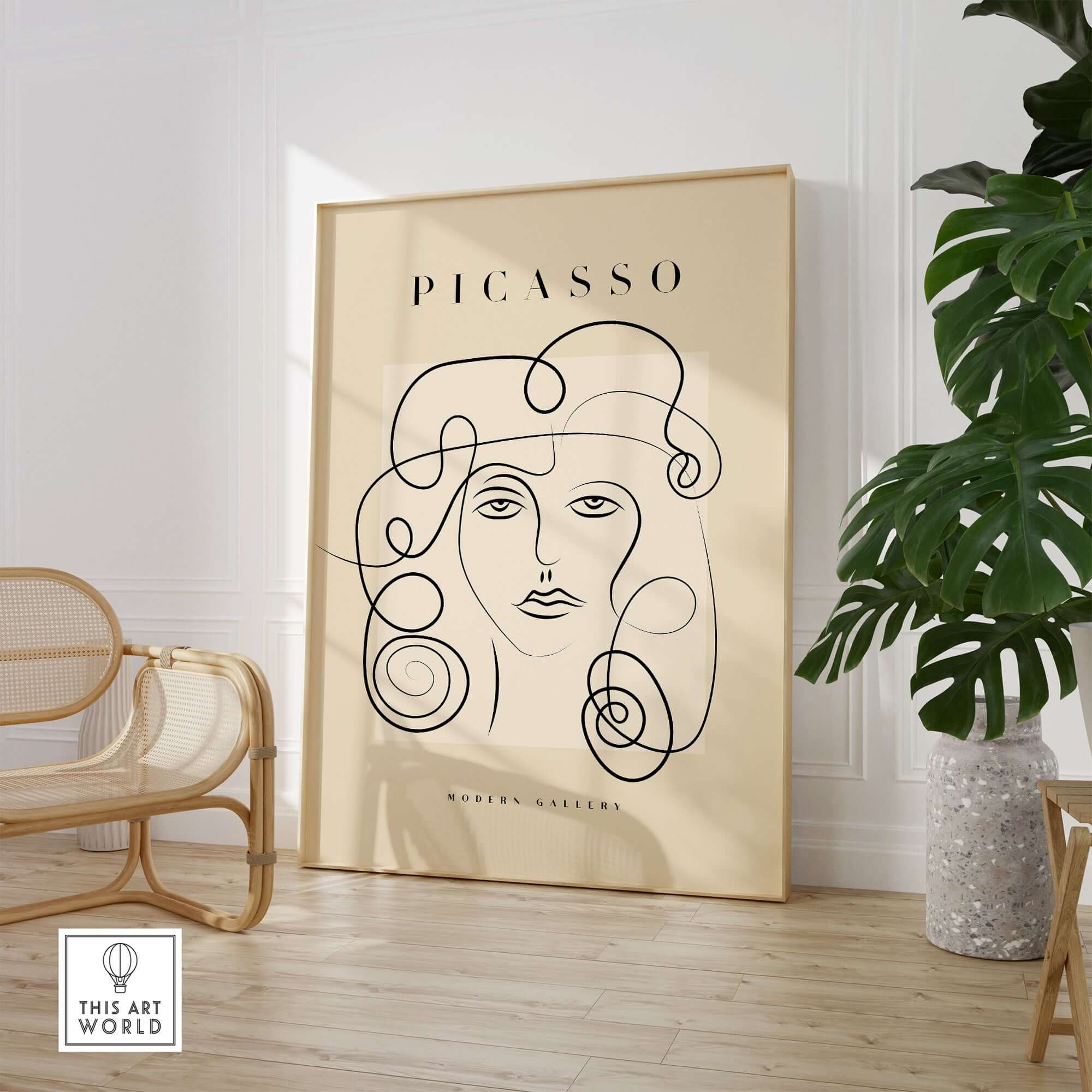 Picasso Woman Curly Hair Line Art Abstract Portrait Poster Modern Gallery Wall Art displayed in a stylish room with plants.
