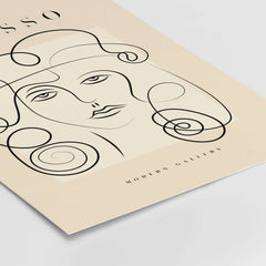 Picasso Woman Curly Hair Line Art Abstract Portrait Poster Modern Gallery Wall Art featuring minimalist face design.