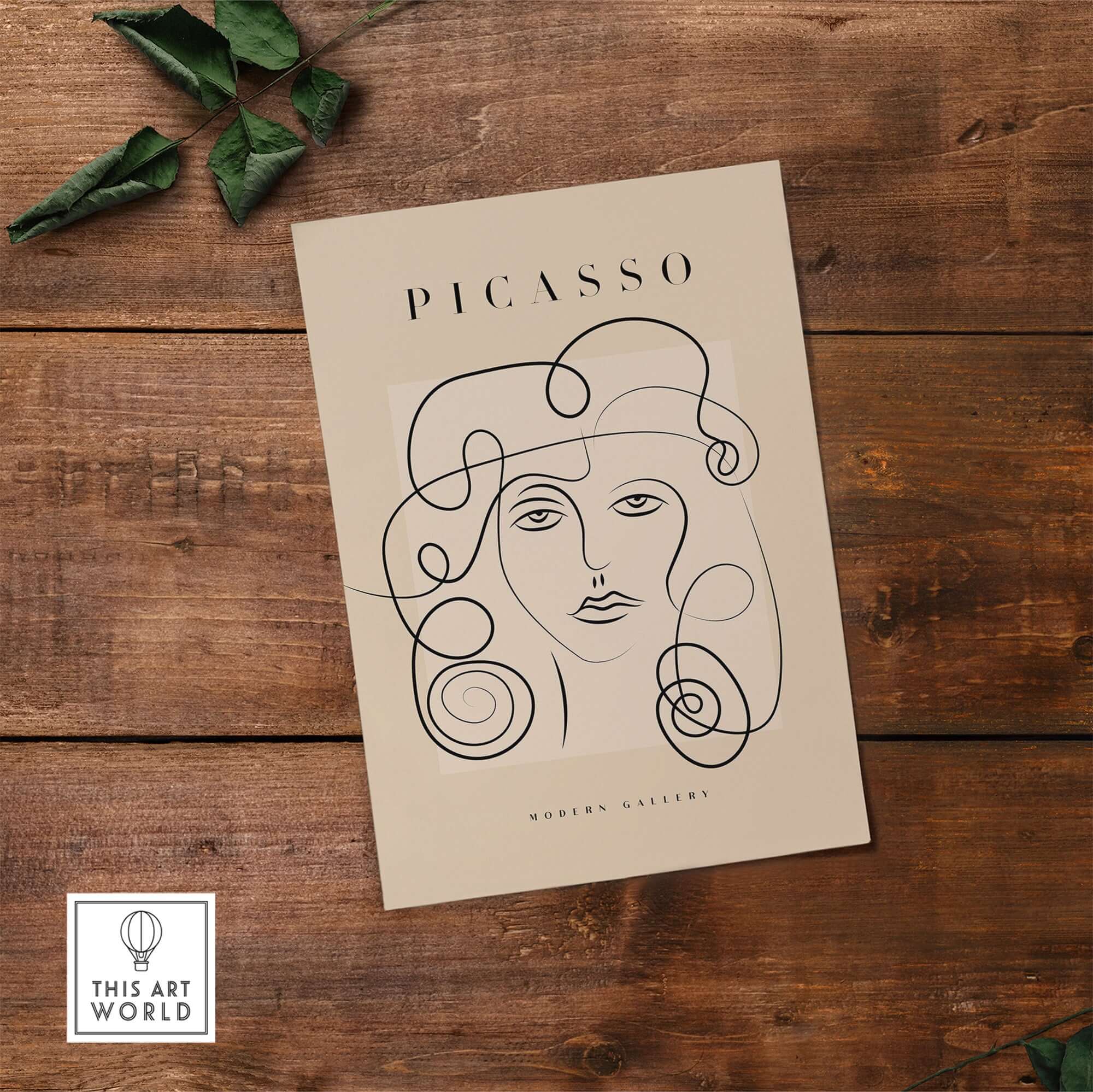Picasso Woman Curly Hair Line Art Abstract Portrait Poster Modern Gallery Wall Art on a wooden background.