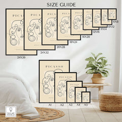 Size guide for Picasso Woman Curly Hair Line Art Abstract Portrait Poster Modern Gallery Wall Art in various dimensions.