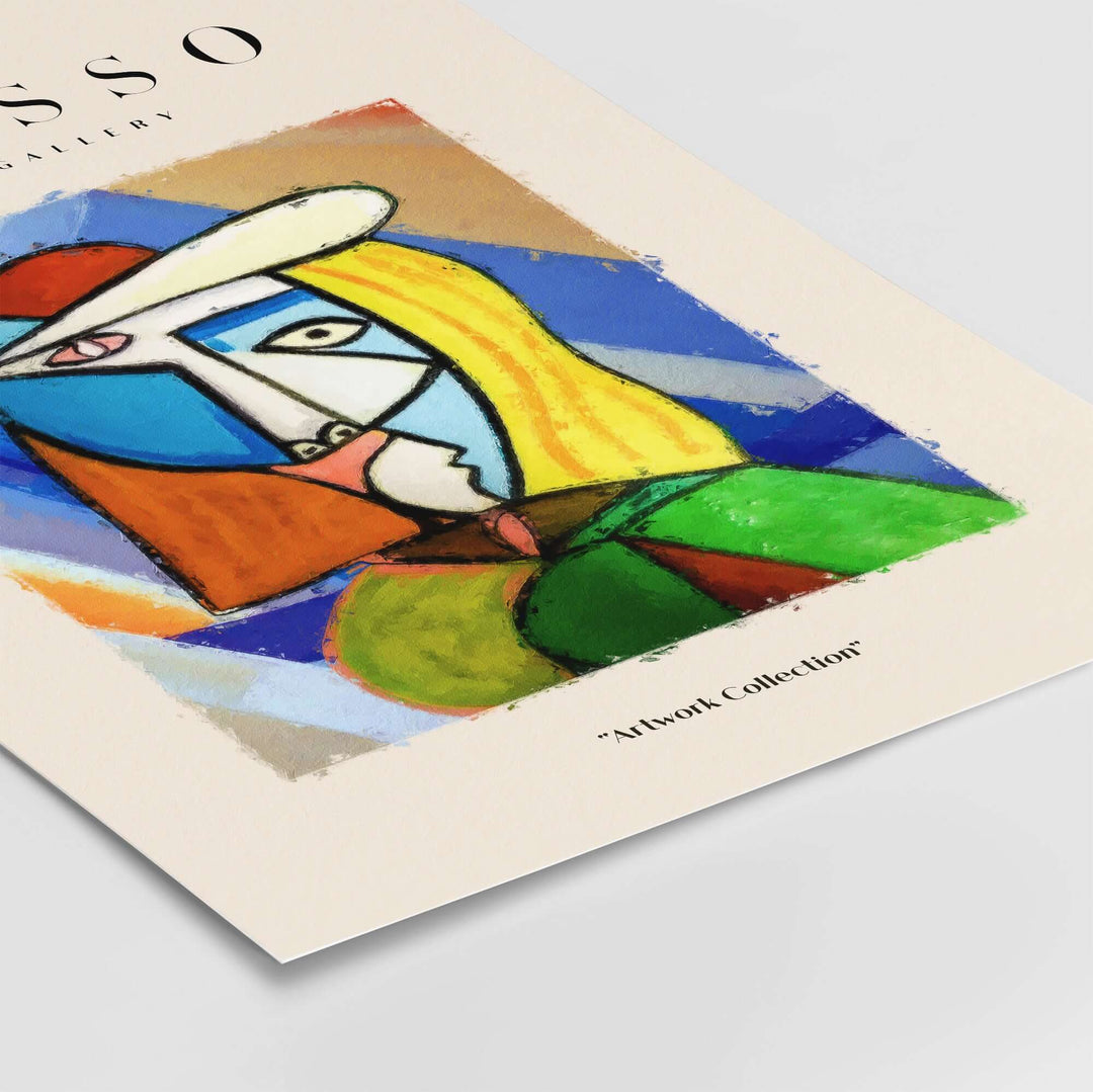 Colorful Picasso-inspired abstract portrait print of a woman wearing a hat, featuring Cubist style geometric shapes.