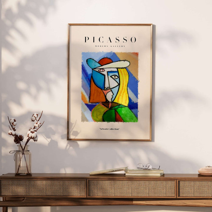 Colorful Cubist portrait of a woman wearing a hat in Picasso style, framed wall art for modern decor.